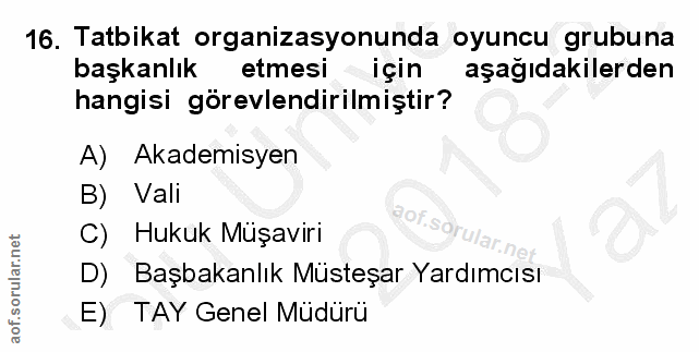 16. soru: Tatbikat organizasyonunda oyuncu grubuna başkanlık etmesi için aşağıdakilerden hangisi görevlendirilmiştir? A) Akadem…