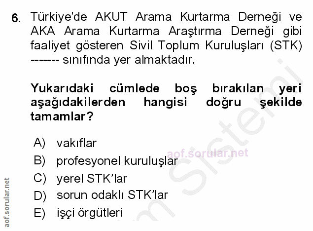 6. soru: Türkiye'de AKUT Arama Kurtarma Derneği ve AKA Arama Kurtarma Araştırma Derneği gibi faaliyet gösteren Sivil Toplum Ku…