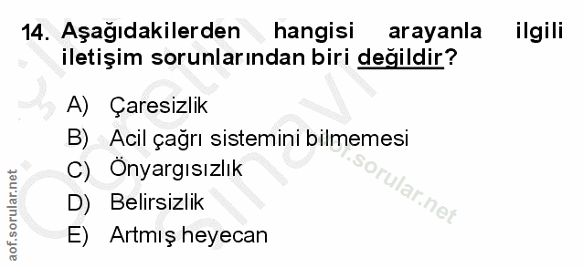 14. soru: Aşağıdakilerden hangisi arayanla ilgili iletişim sorunlarından biri değildir? A) Çaresizlik B) Acil çağrı sistemini b…
