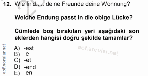 12. soru: Wie find..... deine Freunde deine Wohnung? Welche Endung passt in die obige Lücke? Cümlede boş bırakılan yeri aşağıda…