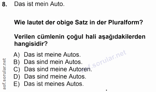 8. soru: Das ist mein Auto. Wie lautet der obige Satz in der Pluralform? Verilen cümlenin çoğul hali aşağıdakilerden hangisidi…