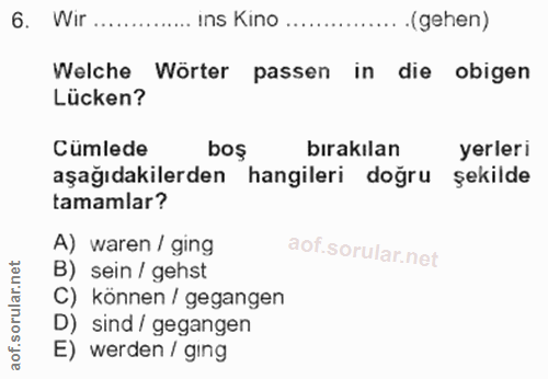 6. soru: Wir .............. Ins Kino ................(gehen) Welche Wörter passen in die obigen Lücken? Cumlede boş bırakılan…