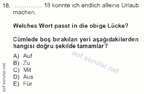 18. soru: 18 konnte ich endlich alleine Urlaub machen. Welches Wort passt in die obige Lücke? Cümlede boş bırakılan yeri aşağıd…