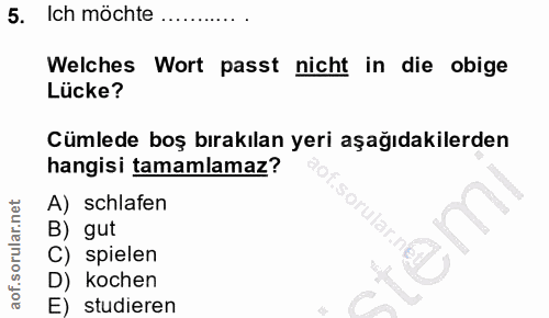 5. soru: Ich möchte ... Welches Wort passt nicht in die obige Lücke? Cümlede boş bırakılan yeri aşağıdakilerden hangisi tamaml…