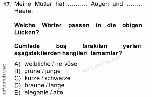 17. soru: Meine Mutter hat ........... Augen und …..... Haare. Welche Wörter passen in die obigen Lücken? Cümlede boş bırakılan…
