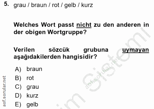 5. soru: grau / braun / rot / gelb / kurz Welches Wort passt nicht zu den anderen in der obigen Wortgruppe? Verilen sözcük gru…