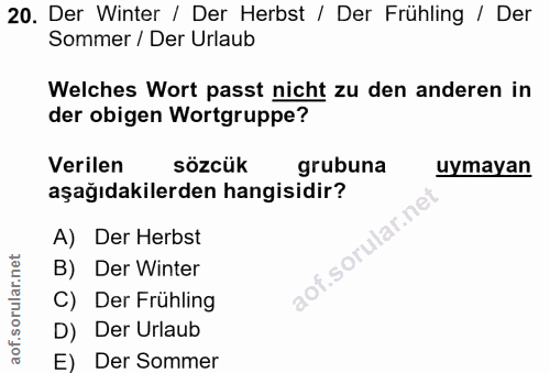 20. soru: Der Winter / Der Herbst / Der Frühling / Der Sommer / Der Urlaub Welches Wort passt nicht zu den anderen in der obige…