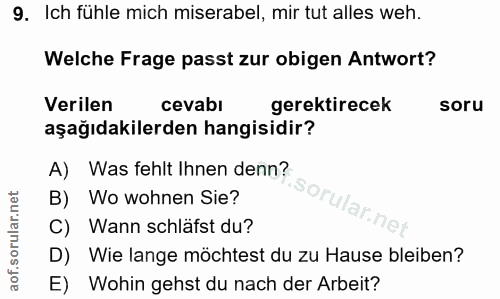 9. soru: Ich fühle mich miserabel, mir tut alles weh. Welche Frage passt zur obigen Antwort? Verilen cevabl gerektirecek soru…