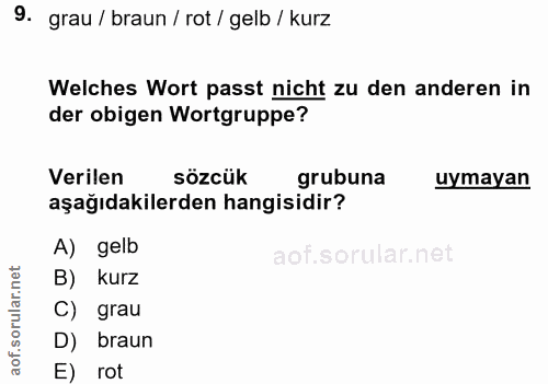 9. soru: grau / braun / rot / gelb / kurz der obigen Wortgruppe? Welches Wort passt nicht zu den anderen in Verilen sözcük gru…