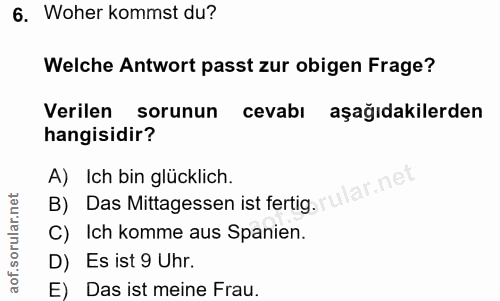 6. soru: Woher kommst du? Welche Antwort passt zur obigen Frage? Verilen sorunun cevabı aşağıdakilerden hangisidir? A) Ich bin…