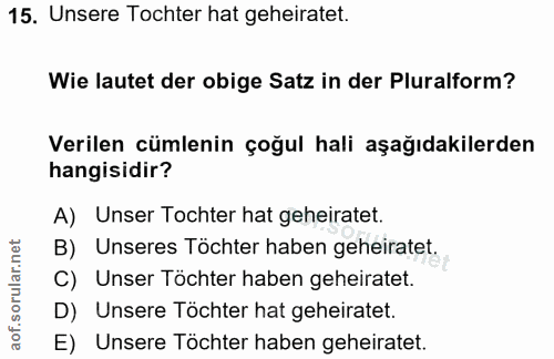 15. soru: Unsere Tochter hat geheiratet. Wie lautet der obige Satz in der Pluralform? Verilen cümlenin çoğul hali aşağıdakilerd…