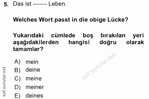 5. soru: Das ist -- Leben. Welches Wort passt in die obige Lücke? Yukarıdaki cümlede boş bırakılan yeri aşağıdakilerden hangis…