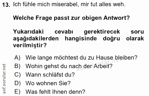 13. soru: Ich fühle mich miserabel, mir tut alles weh. Welche Frage passt zur obigen Antwort? Yukarıdaki cevabi gerektirecek so…