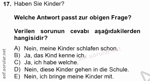 17. soru: Haben Sie Kinder? Welche Antwort passt zur obigen Frage? Verilen sorunun cevabı aşağıdakilerden hangisidir? A) Nein,…