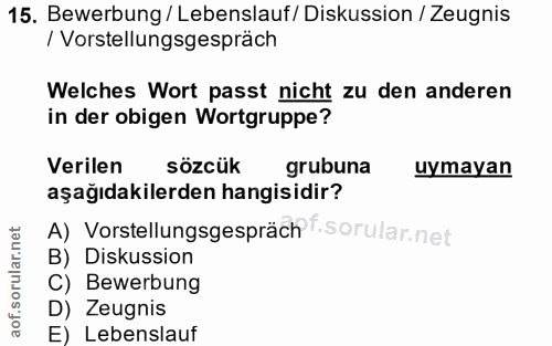 15. soru: Bewerbung / Lebenslauf/ Diskussion / Zeugnis / Vorstellungsgespräch Welches Wort passt nicht zu den anderen in der ob…