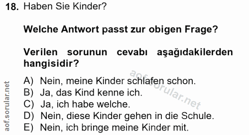 18. soru: Haben Sie Kinder? Welche Antwort passt zur obigen Frage? Verilen sorunun cevabı aşağıdakilerden hangisidir? A) Nein,…