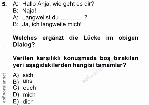 5. soru: A: Hallo Anja, wie geht es dir? B: Naja! A: Langweilst du ............? B: Ja, ich langweile mich! Welches ergänzt di…