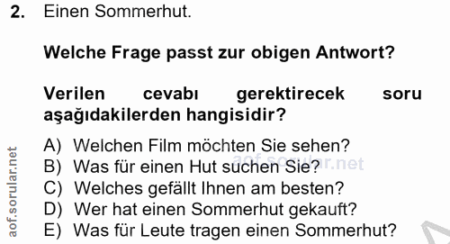 2. soru: Einen Sommerhut. Welche Frage passt zur obigen Antwort? Verilen cevabi gerektirecek soru aşağıdakilerden hangisidir?…