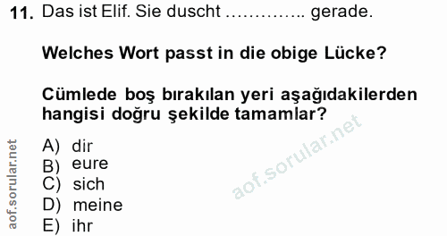 11. soru: Das ist Elif. Sie duscht ......... gerade. Welches Wort passt in die obige Lücke? Cümlede boş bırakılan yeri aşağıdak…