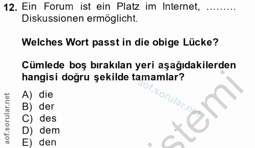 12. soru: Ein Forum ist ein Platz im Internet, Diskussionen ermöglicht. Welches Wort passt in die obige Lücke? Cumlede boş bıra…