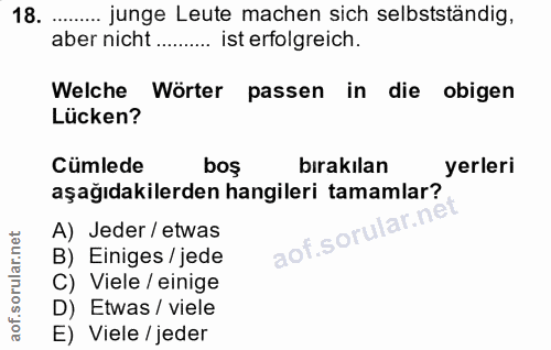 18. soru: .... .... junge Leute machen sich selbstständig, aber nicht........ ist erfolgreich. Welche Wörter passen in die obig…