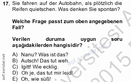 17. soru: Sie fahren auf der Autobahn, als plötzlich die Reifen quietschen. Was denken Sie spontan? Welche Frage passt zum oben…