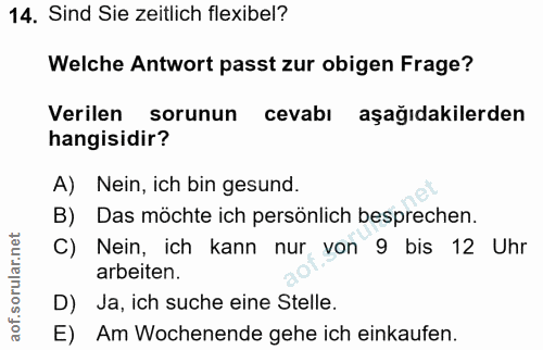 14. soru: Sind Sie zeitlich flexibel? Welche Antwort passt zur obigen Frage? Verilen sorunun cevabı aşağıdakilerden hangisidir?…