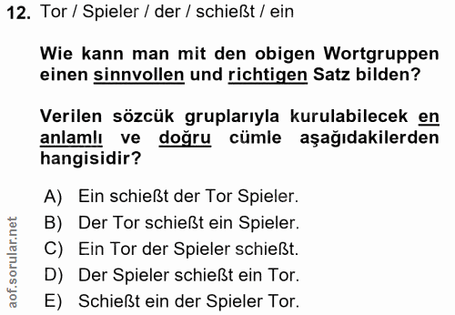 12. soru: Tor / Spieler / der / schießt / ein Wie kann man mit den obigen Wortgruppen einen sinnvollen und richtigen Satz bilde…
