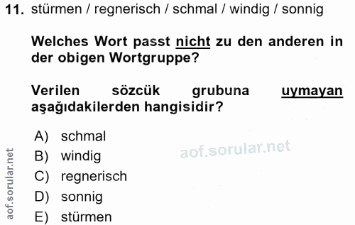 11. soru: stürmen / regnerisch / schmal / windig / sonnig Welches Wort passt nicht zu den anderen in der obigen Wortgruppe? Ver…