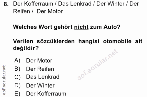 8. soru: Der Kofferraum / Das Lenkrad / Der Winter / Der Reifen / Der Motor Welches Wort gehört nicht zum Auto? Verilen sözcük…