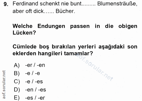9. soru: Ferdinand schenkt nie bunt. Blumensträuße, aber oft dick..... Bücher. Welche Endungen passen in die obigen Lücken? Cü…