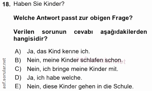 18. soru: Haben Sie Kinder? Welche Antwort passt zur obigen Frage? Verilen sorunun cevabı aşağıdakilerden hangisidir? A) Ja, da…