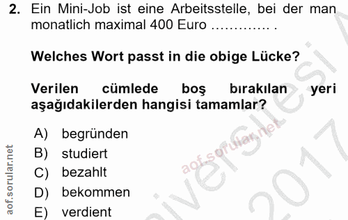 2. soru: Ein Mini-Job ist eine Arbeitsstelle, bei der man monatlich maximal 400 Euro ... Welches Wort passt in die obige Lücke…