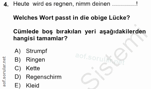 4. soru: Heute wird es regnen, nimm deinen Welches Wort passt in die obige Lücke? Cümlede boş bırakılan yeri aşağıdakilerden h…