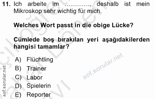 11. soru: Ich arbeite im deshalb ist mein Mikroskop sehr wichtig für mich. Welches Wort passt in die obige Lücke? Cümlede boş b…