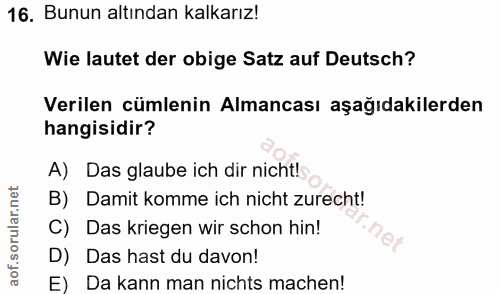 16. soru: Bunun altından kalkarız! Wie lautet der obige Satz auf Deutsch? Verilen cümlenin Almancası aşağıdakilerden hangisidir…