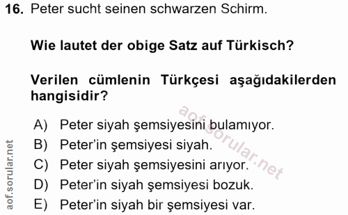16. soru: Peter sucht seinen schwarzen Schirm. Wie lautet der obige Satz auf Türkisch? Verilen cümlenin Türkçesi aşağıdakilerde…