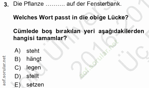 3. soru: Die Pflanze ... auf der Fensterbank. Welches Wort passt in die obige Lücke? Cümlede boş bırakılan yeri aşağıdakilerde…