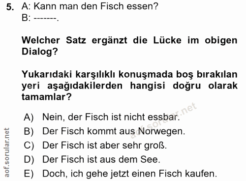 5. soru: A: Kann man den Fisch essen? B: --. Welcher Satz ergänzt die Lücke im obigen Dialog? Yukarıdaki karşılıklı konuşmada…