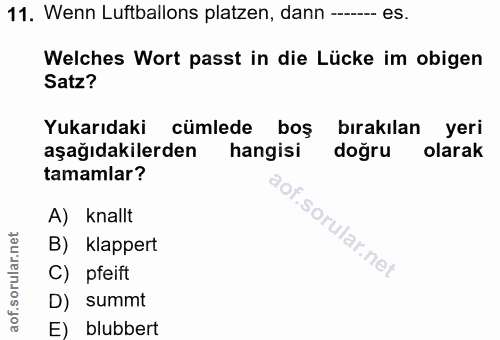 11. soru: Wenn Luftballons platzen, dann --.-- es. Welches Wort passt in die Lücke im obigen Satz? Yukarıdaki cümlede boş bırak…