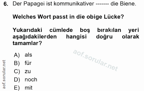 6. soru: Der Papagei ist kommunikativer ---- die Biene. Welches Wort passt in die obige Lücke? Yukarıdaki cümlede boş bırakıla…