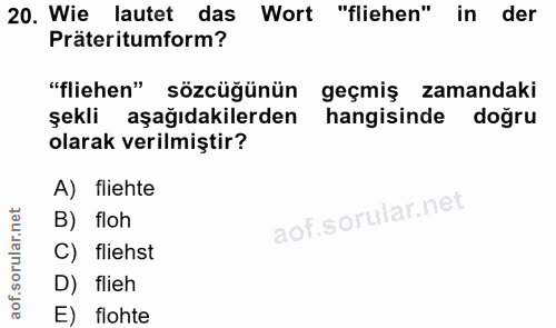 20. soru: Wie lautet das Wort "fliehen" in der Präteritumform? "fliehen" sözcüğünün geçmiş zamandaki şekli aşağıdakilerden hang…