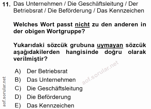 11. soru: Das Unternehmen / Die Geschäftsleitung / Der Betriebsrat / Die Beförderung / Das Kennzeichen Welches Wort passt nicht…