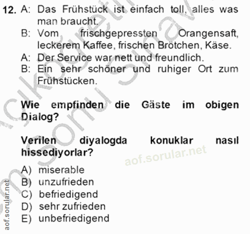 12. soru: A: Das Frühstück ist einfach toll, alles was man braucht. B: Vom, frischgepressten Orangensaft, leckerem Kaffee, fris…