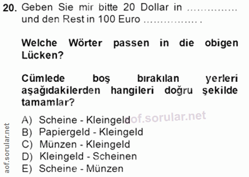 20. soru: Geben Sie mir bitte 20 Dollar in und den Rest in 100 Euro .. Welche Wörter passen in die obigen Lücken? Cümlede boş b…