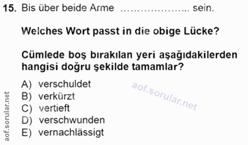 15. soru: Bis über beide Arme sein. Welches Wort passt in die obige Lücke? Cümlede boş bırakılan yeri aşağıdakilerden hangisi d…