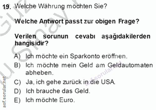 19. soru: Welche Währung möchten Sie? Welche Antwort passt zur obigen Frage? Verilen sorunun cevabı aşağıdakilerden hangisidir?…