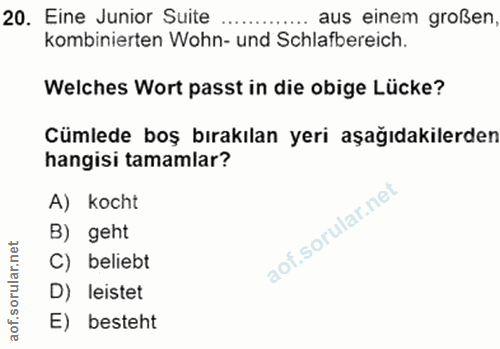 20. soru: Eine Junior Suite .... aus einem großen, kombinierten Wohn- und Schlafbereich. Welches Wort passt in die obige Lücke?…