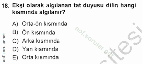18. soru: Ekşi olarak algılanan tat duyusu dilin hangi kısmında algılanır? A) Orta-ön kısmında B) On kısmında aof.sorular.g° C)…