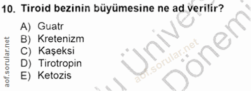 10. soru: Tiroid bezinin büyümesine ne ad verilir? A) Guatr B) Kretenizm onem C) Kaşeksi D) Tirotropin E) Ketozis